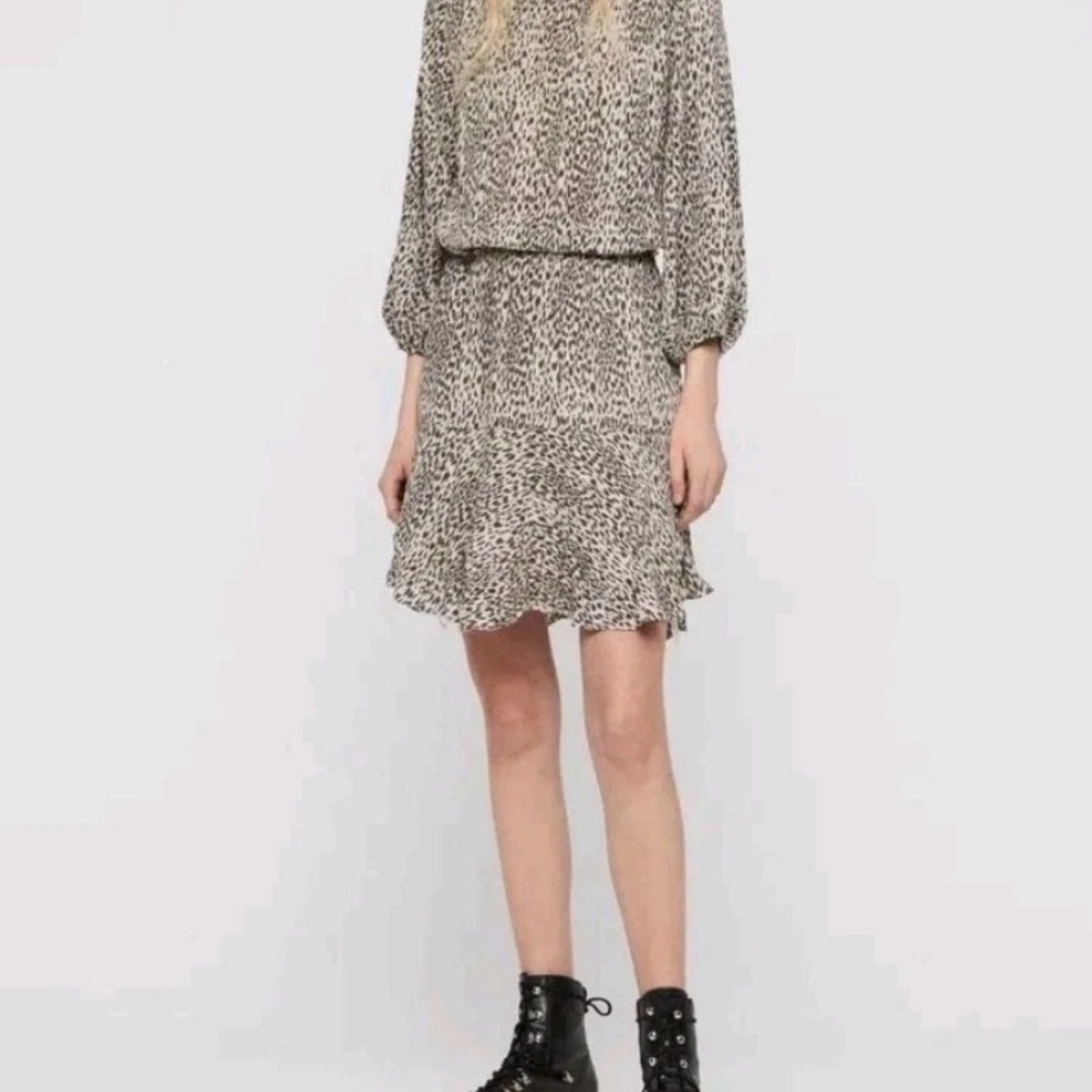 Allsaints Leopard Print Blouson Waist Mini Dress - Black & Cream
